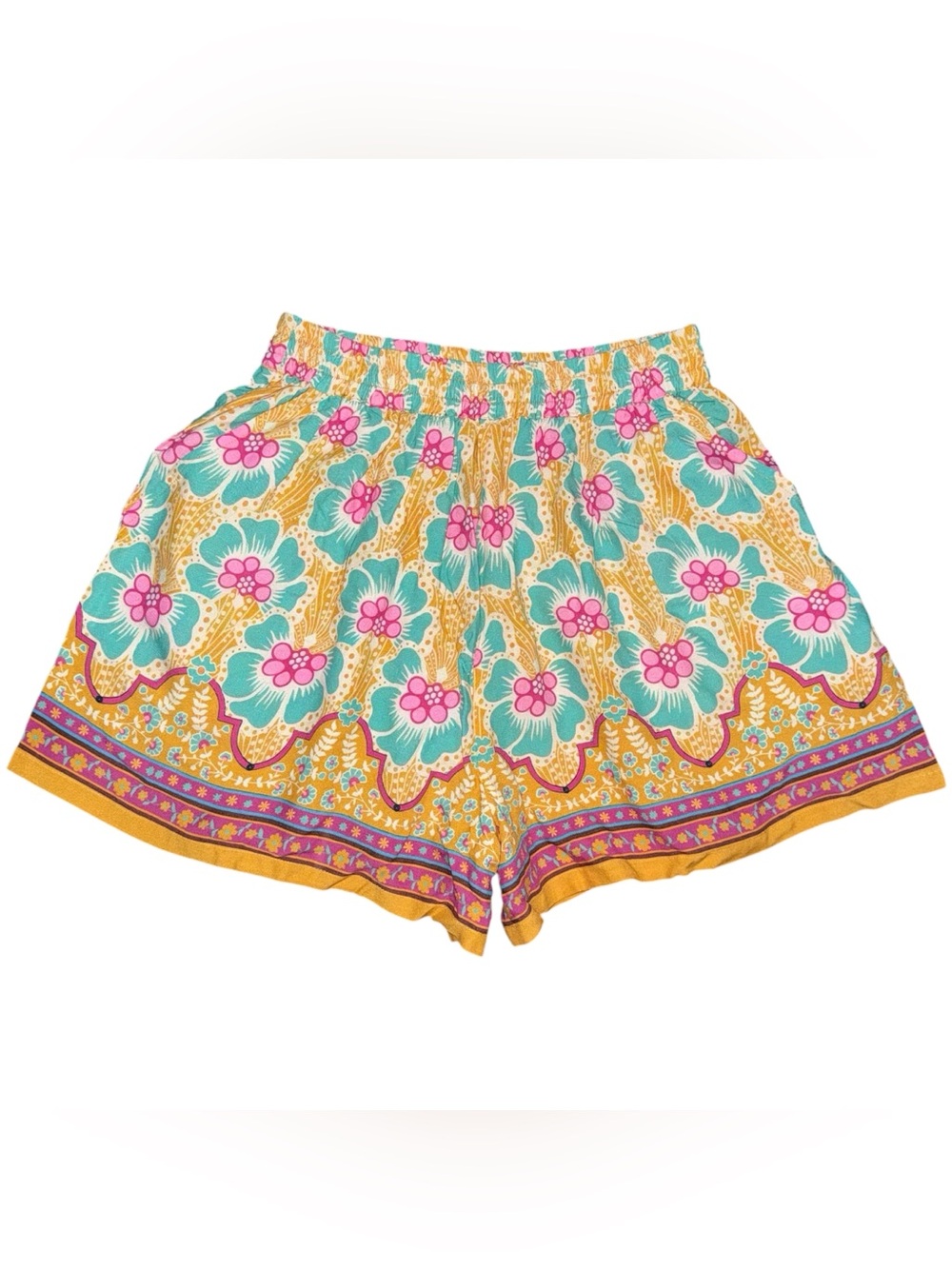 NATURAL LIFE Maribel Mustard Yellow & Turquoise Floral Boho Shorts NEW Sz Small